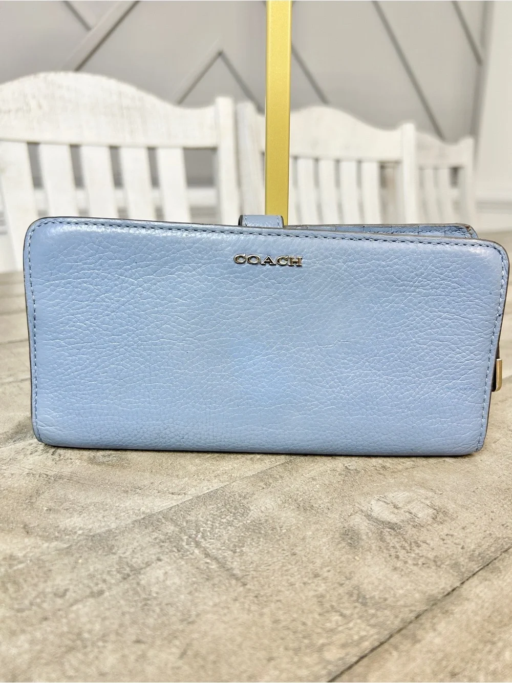 Coach Light Blue Pebbled Leather Tab Snap Wallet ID Window Zip Pocket Gold